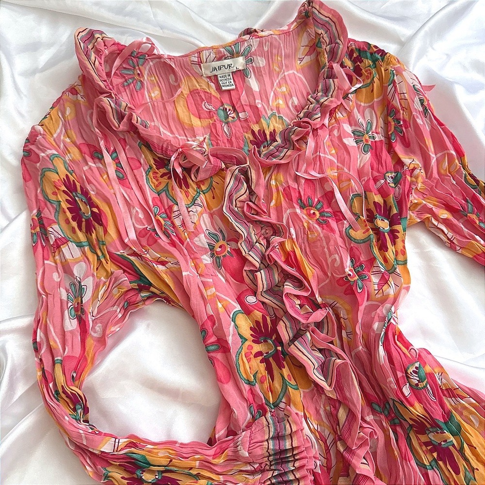 Jaipur Pink Floral Ruffle Blouse Long Sleeve Crinkle Boho Top Large
